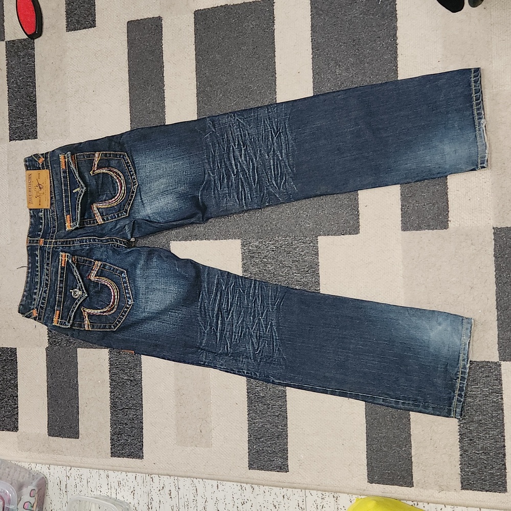 True Religion Multi Color Stitch Billy Super T Straight Leg Blue Wash Jeans Y2K